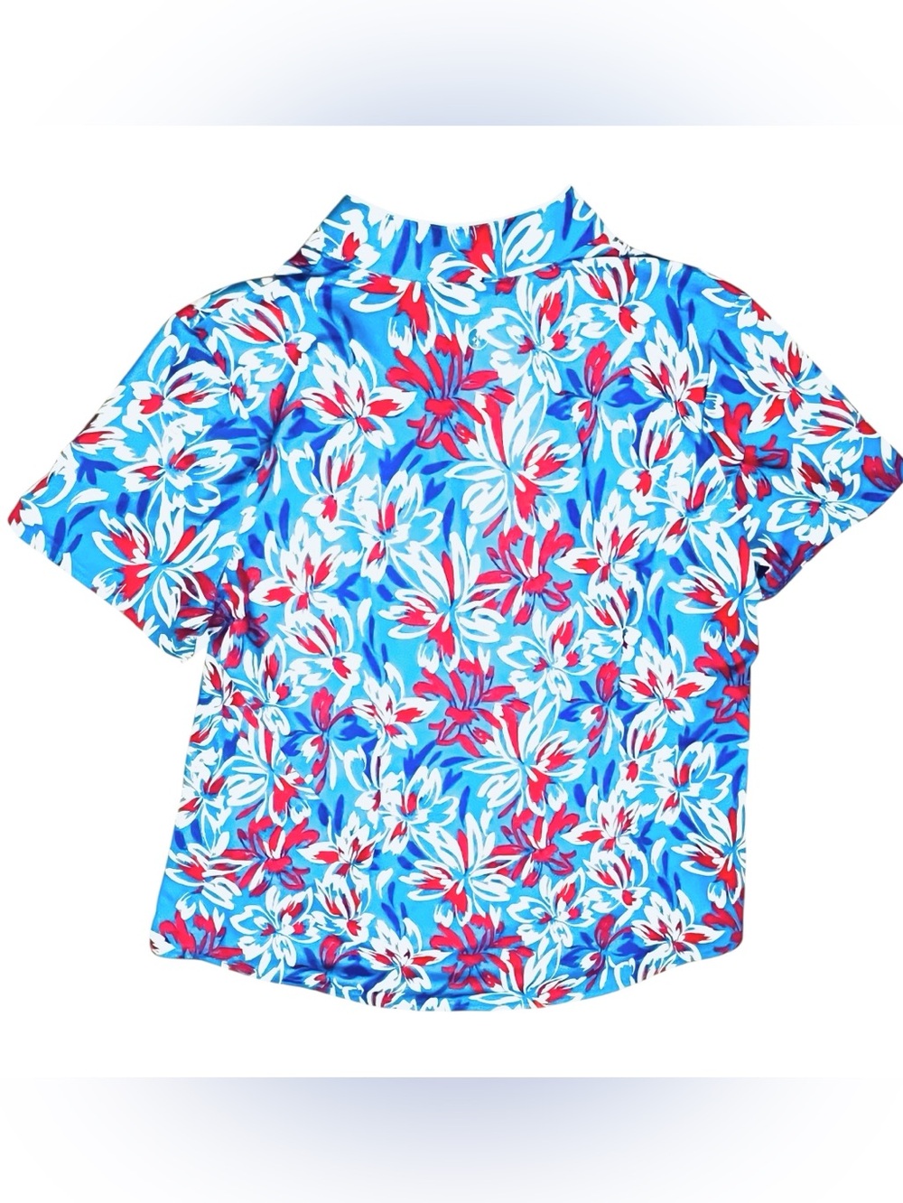 Jofit Top Golf Blue Red Tropical White Floral Mock/Split/Neck Short Sleeve Sz L - Picture 6 of 12